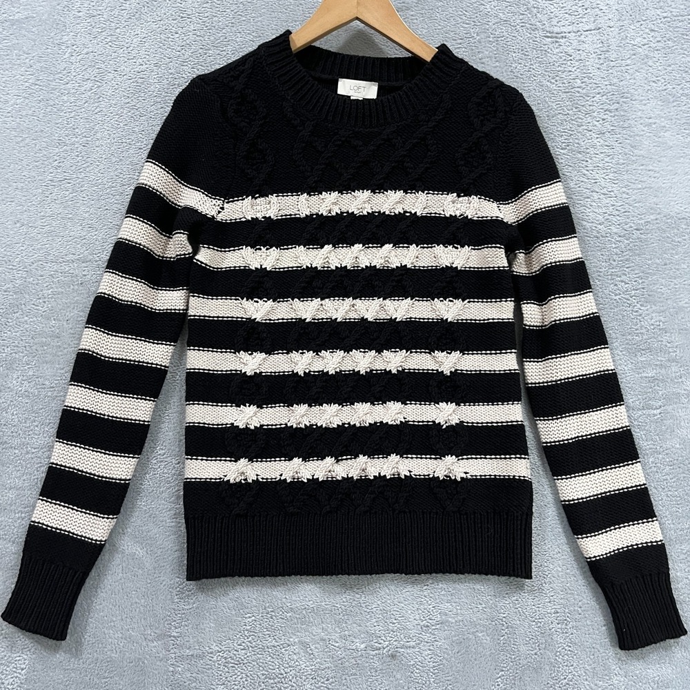 Ann Taylor LOFT Sweater Womens XS Cable Knit Black White Cottage Fisherman